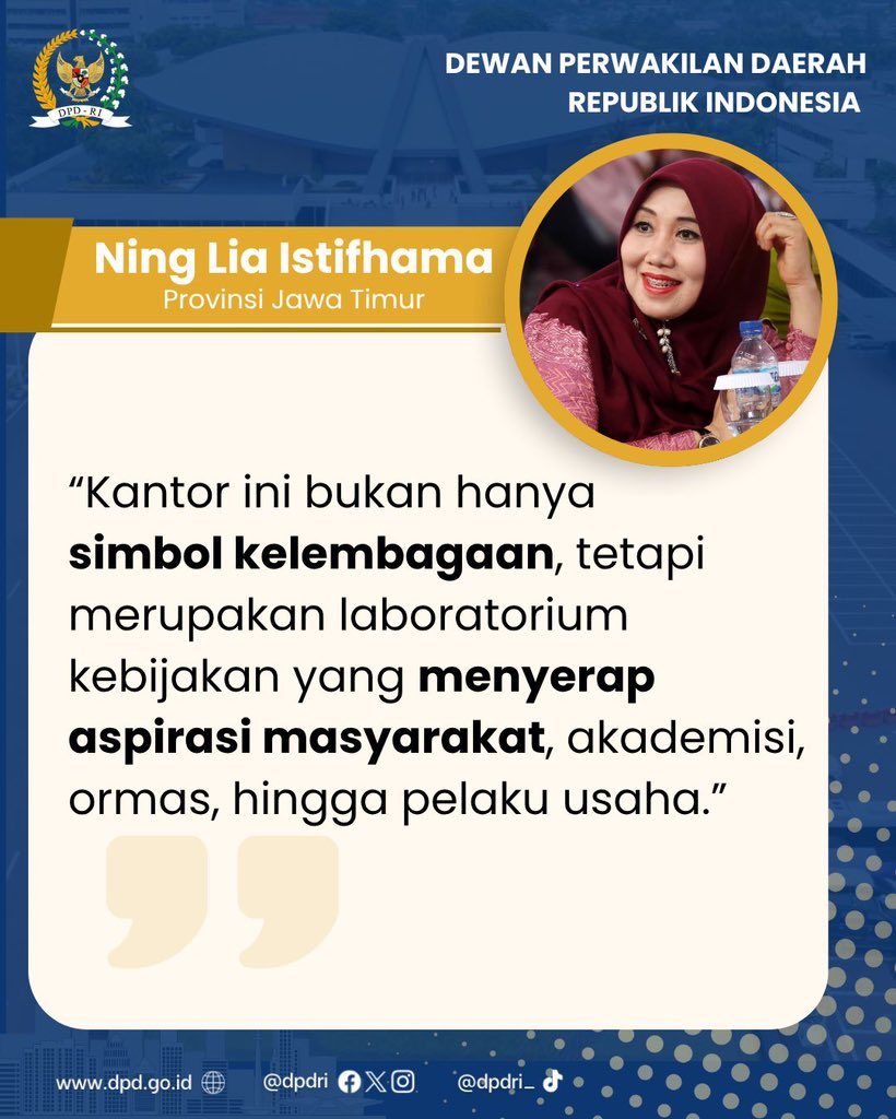 DPDRI's tweet image. Anggota DPD RI Provinsi Jawa Timur Ning Lia mengapresiasi dukungan Gubernur Khofifah dalam terwujudnya Kantor DPD RI Jawa Timur sebagai jembatan strategis wujudkan Jawa Timur sebagai gerbang nusantara. 
#dpdri #jatim #kantor #daridaerahuntukindonesia