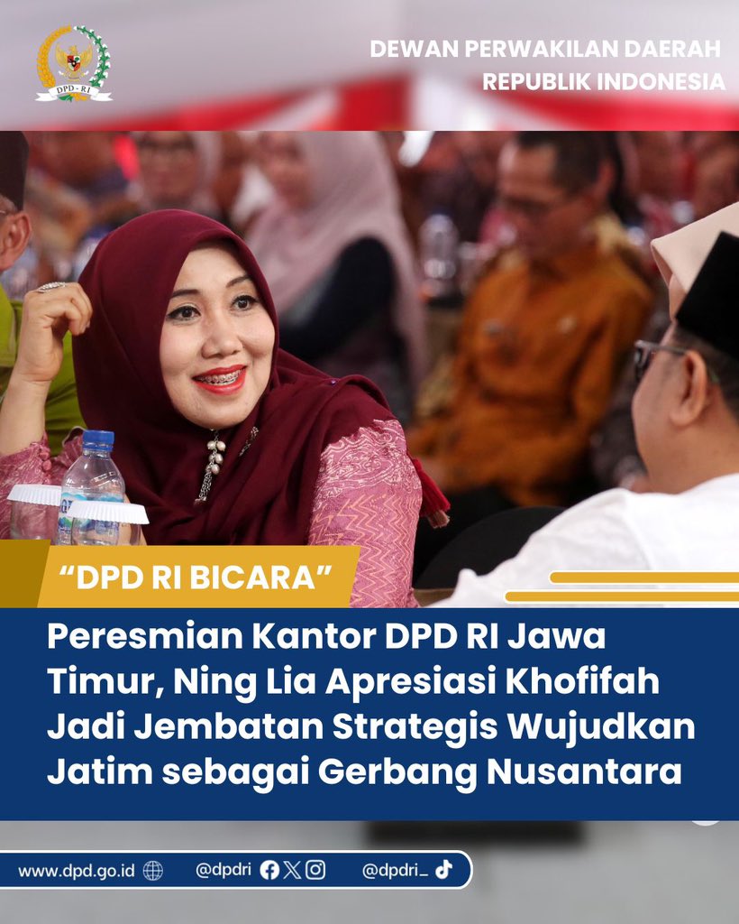 DPDRI's tweet image. Anggota DPD RI Provinsi Jawa Timur Ning Lia mengapresiasi dukungan Gubernur Khofifah dalam terwujudnya Kantor DPD RI Jawa Timur sebagai jembatan strategis wujudkan Jawa Timur sebagai gerbang nusantara. 
#dpdri #jatim #kantor #daridaerahuntukindonesia