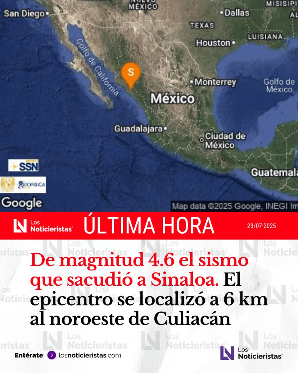 #ÚltimaHora🚨|  De magnitud 4.6 el sismo que sacudió a Sinaloa 📍. El epicentro fue a 6 km al noroeste de Culiacán reportó el Sismológico Nacional