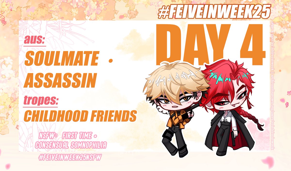 [ DAY 4 ] of #feivein week is finally here!

Be careful what you wish for before you get entangled~

📌 Use the following tags when posting your works: #FeiVeinWeek25 or #FeiVeinWeek25NSFW 
📌 AO3 feivein collection is now open ✨
📌 Feel free to tag our acc✨