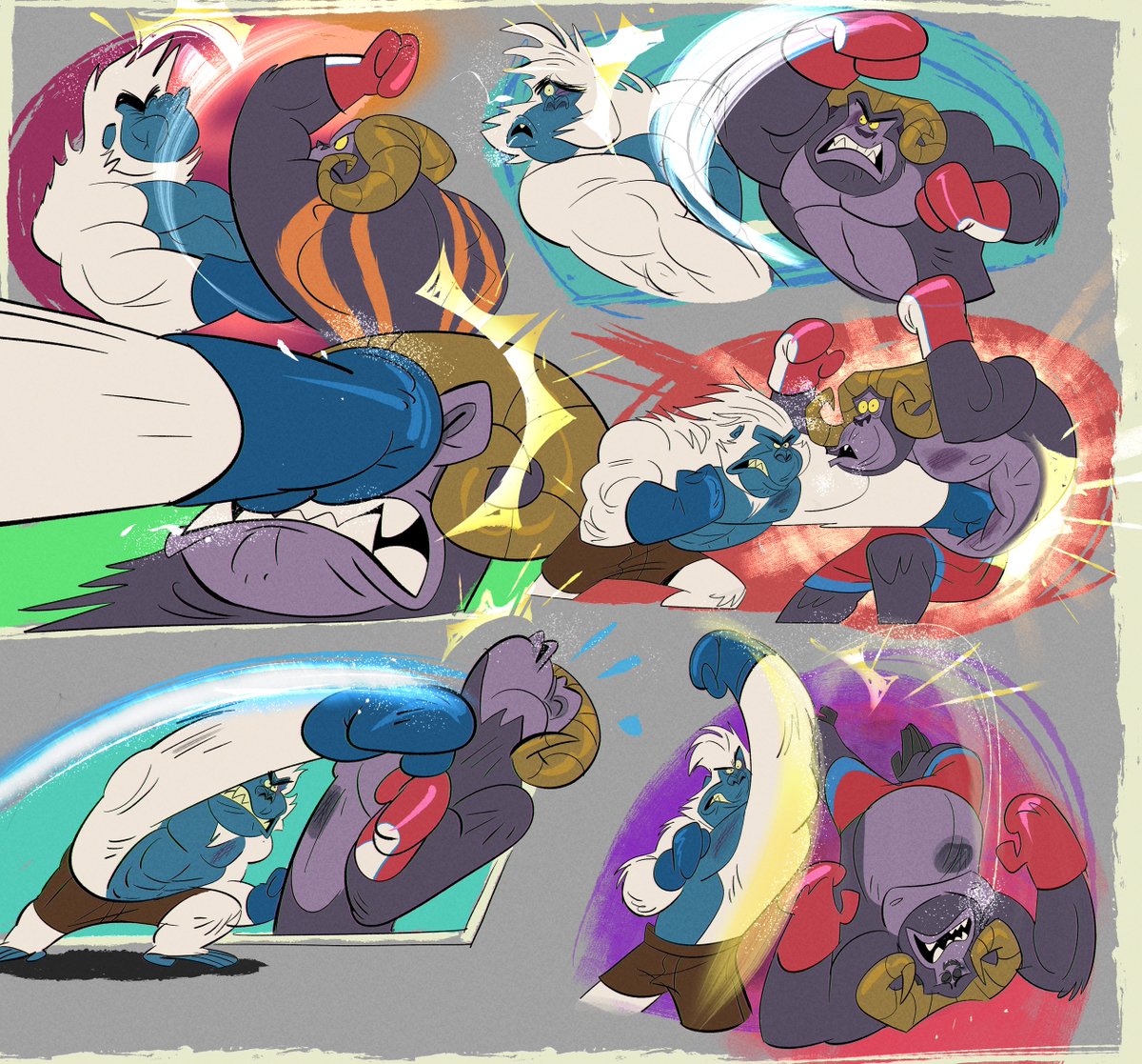 Ramarilla has Blizzard on the ropes in rounds four and five, knocking him down twice. But Blizzard won't quit! A killer combo puts him back in the game in round six, and OH! What an uppercut! It's all over! Art by Alan Stewart! instagram.com/artofalan #BoxingGorillaDay #KOTRKOTK