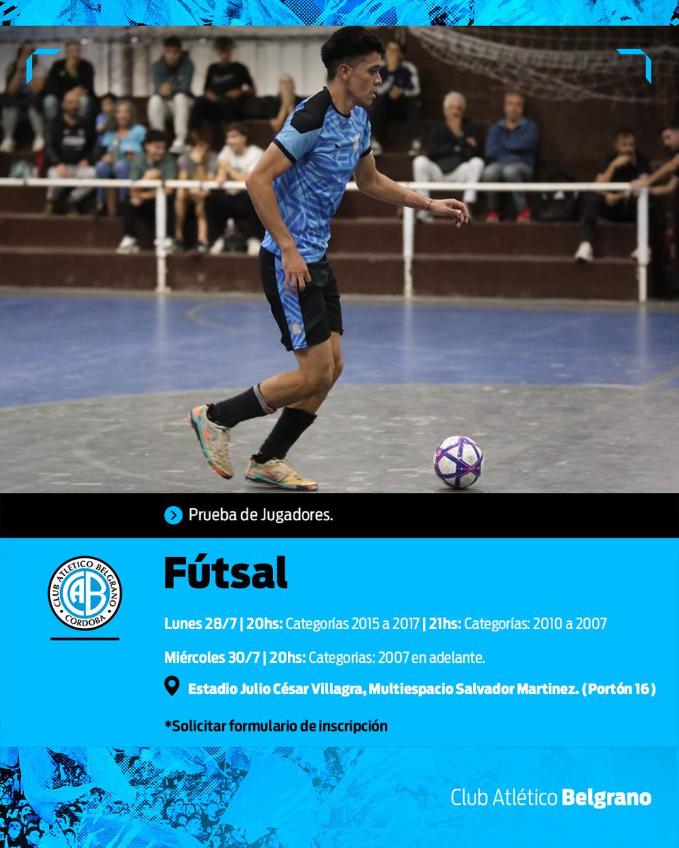 ⚽️ PRUEBA DE JUGADORES - Futsal

📅 Lunes 28/07 
⏰ 20 hs Categorías 2015 a 2011
⏰ 21 hs Categorías a 2010 a 2007

📅 Miércoles 30/07
⏰ 21 hs Categorías 2007 en adelante

🏟️ Polideportivo Salvador Martinez

📓 Formulario de INSCRIPCIÓN: docs.google.com/forms/d/1m6oBh…