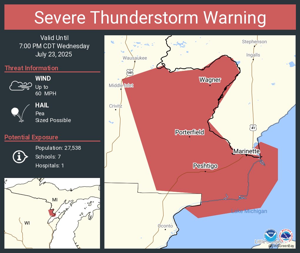 NWSGreenBay's tweet image. Severe Thunderstorm Warning including Marinette WI, Peshtigo WI and  Porterfield WI until 7:00 PM CDT