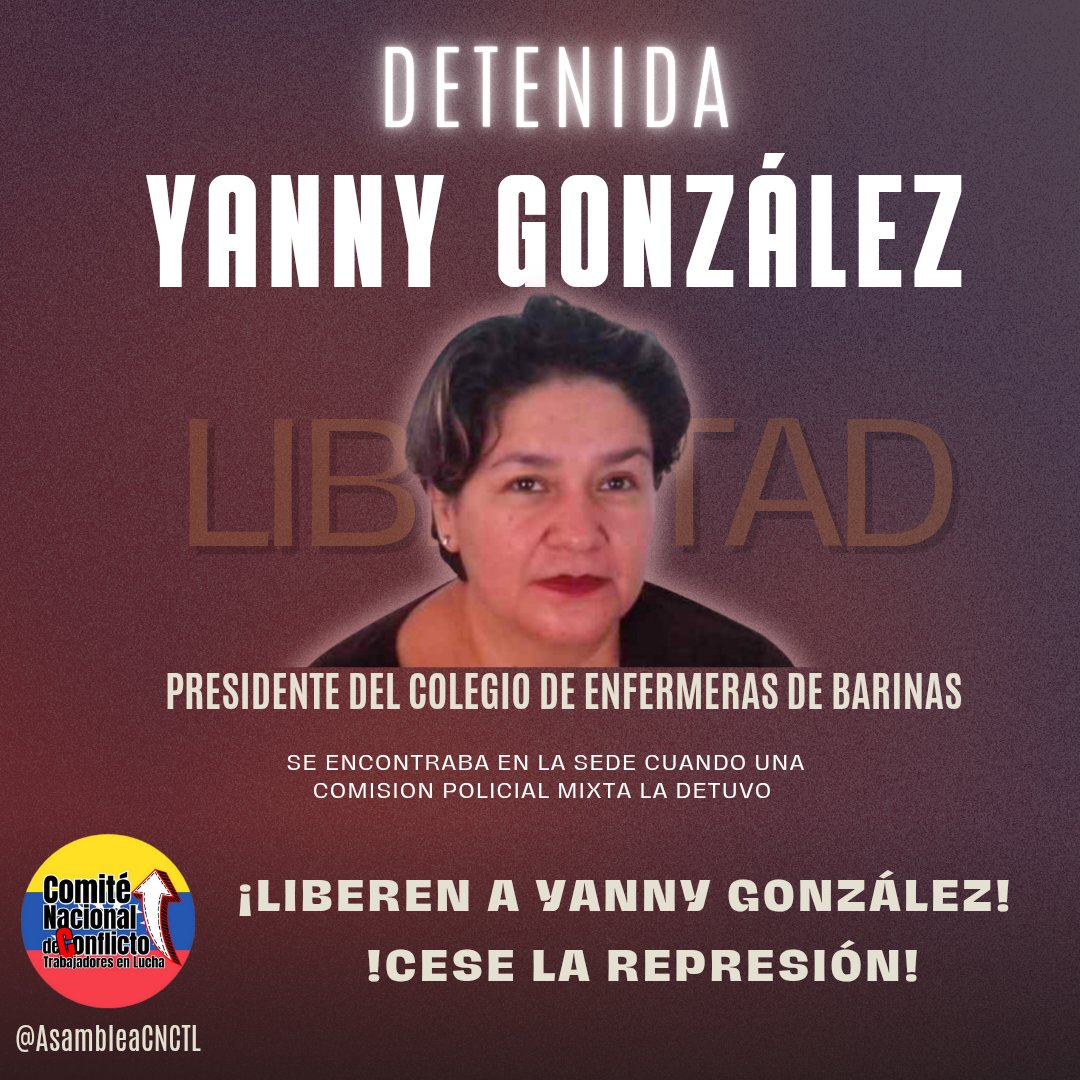 🚨 ¡Atención Venezuela!
Fueron detenidos arbitrariamente Yanny González (Barinas) y Fidel Brito (Bolívar), defensores de los derechos de los trabajadores. 
¡Exigimos su libertad inmediata!

#CeseLaRepresion
#LiberenALosTrabajadores