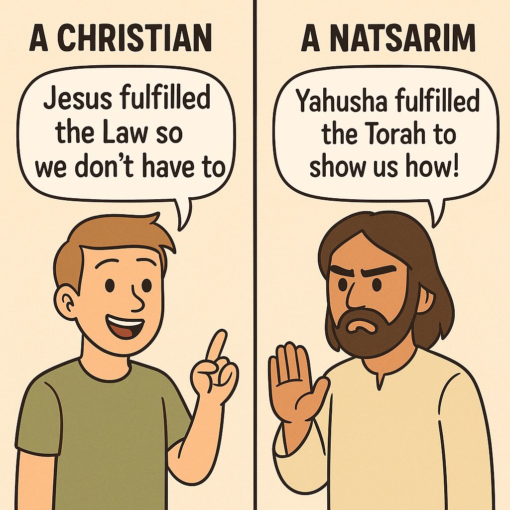 Okiemaday's tweet image. CHRISTIAN: “He fulfilled the Law so I don’t have to!”
NATSARIM: “That’s like saying Yahusha ate vegetables so you can eat bacon.”
He didn’t obey so you could disobey.
He fulfilled it to walk it out—now it’s your turn.