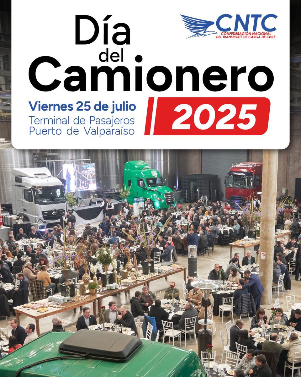 🚛 Este viernes 25 de julio, celebramos el #DíaDelCamionero2025 en Valparaíso.
📍 Terminal de Pasajeros, 10:00 hrs
Con feria de transporte, gremios y más de 650 invitados.
Organiza <a href="/CNTC_Chile/">CNTC Chile</a>
#CamionerosDeChile #TransporteDeCarga