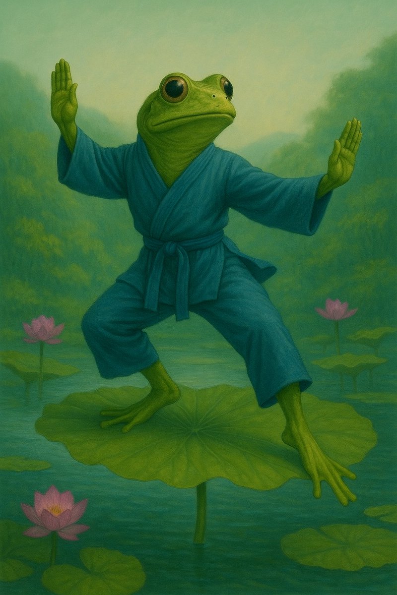 SatoriHopper's tweet photo. 🐸🍀
Balanced atop a lotus leaf, he greets the morning — not with power, but with presence.

力ではなく、在ることで朝を迎える──蓮の上の静けさ。

#ZenMorning #FrogmanBalance #SatoriHopper #禅 #朝の一枚 https://t.co/xZSwGyZcx8