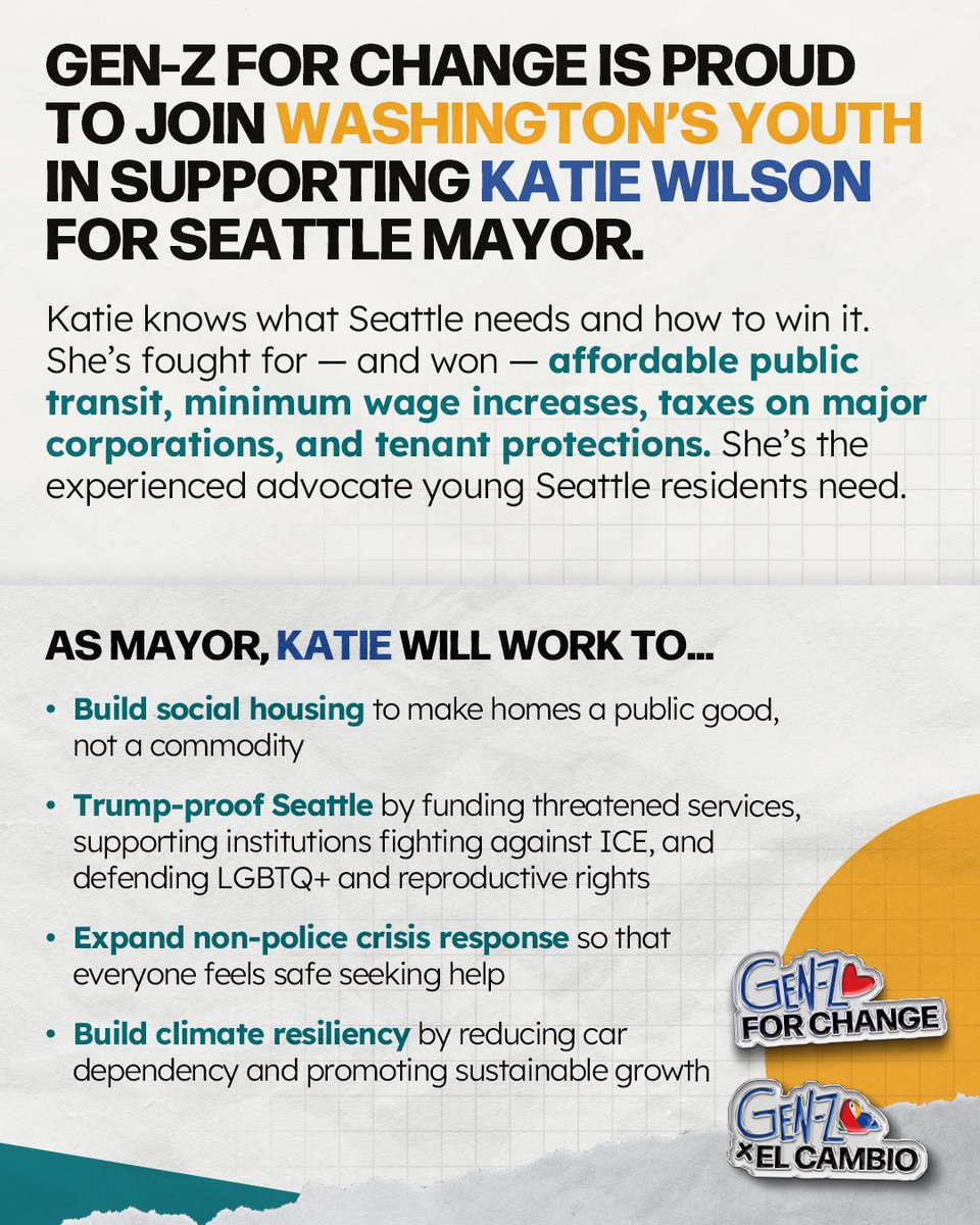 genzforchange's tweet image. Gen-Z for Change is proud to endorse Katie Wilson (@wilsonformayor) for Seattle Mayor!
Seattle deserves a proven progressive. Visit wilsonforseattle.com to get learn more + involved! 🗳️