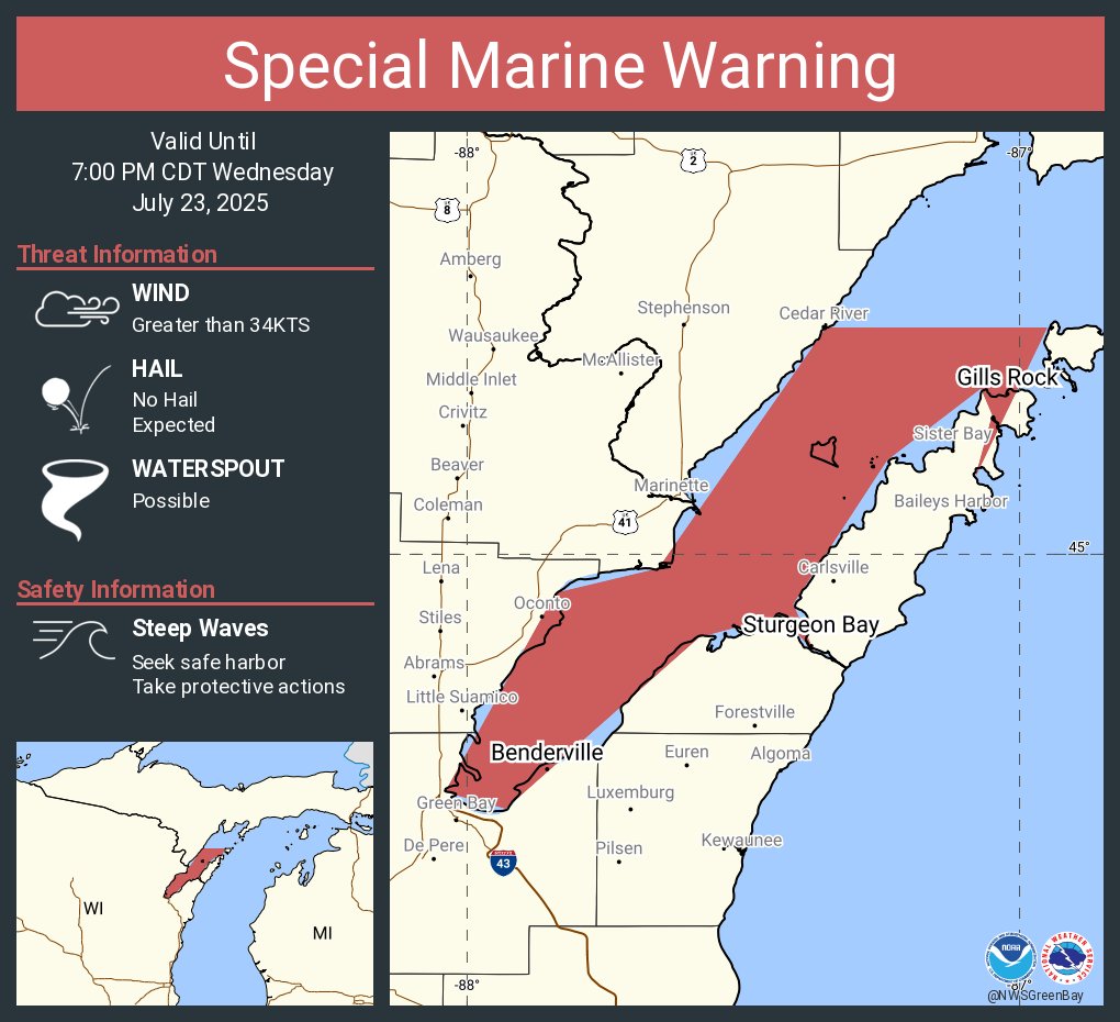 NWSGreenBay's tweet image. Special Marine Warning continues for the Green Bay south of line from Cedar River to Rock Island Passage and north of a line from Oconto WI to Little Sturgeon Bay WI and Rock Island Passage to Sturgeon Bay WI until 7:00 PM CDT