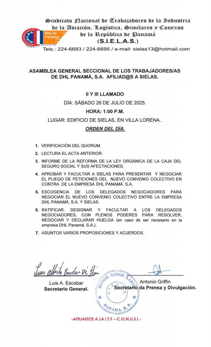 Atención trabajadores de la empresa DHL Panamá <a href="/ITF_Americas/">ITF Americas</a> <a href="/conusi21/">CONUSI</a> #SIELASACTIVO #SIEMPRECOMBATIVO #TrabajadoresUnidos