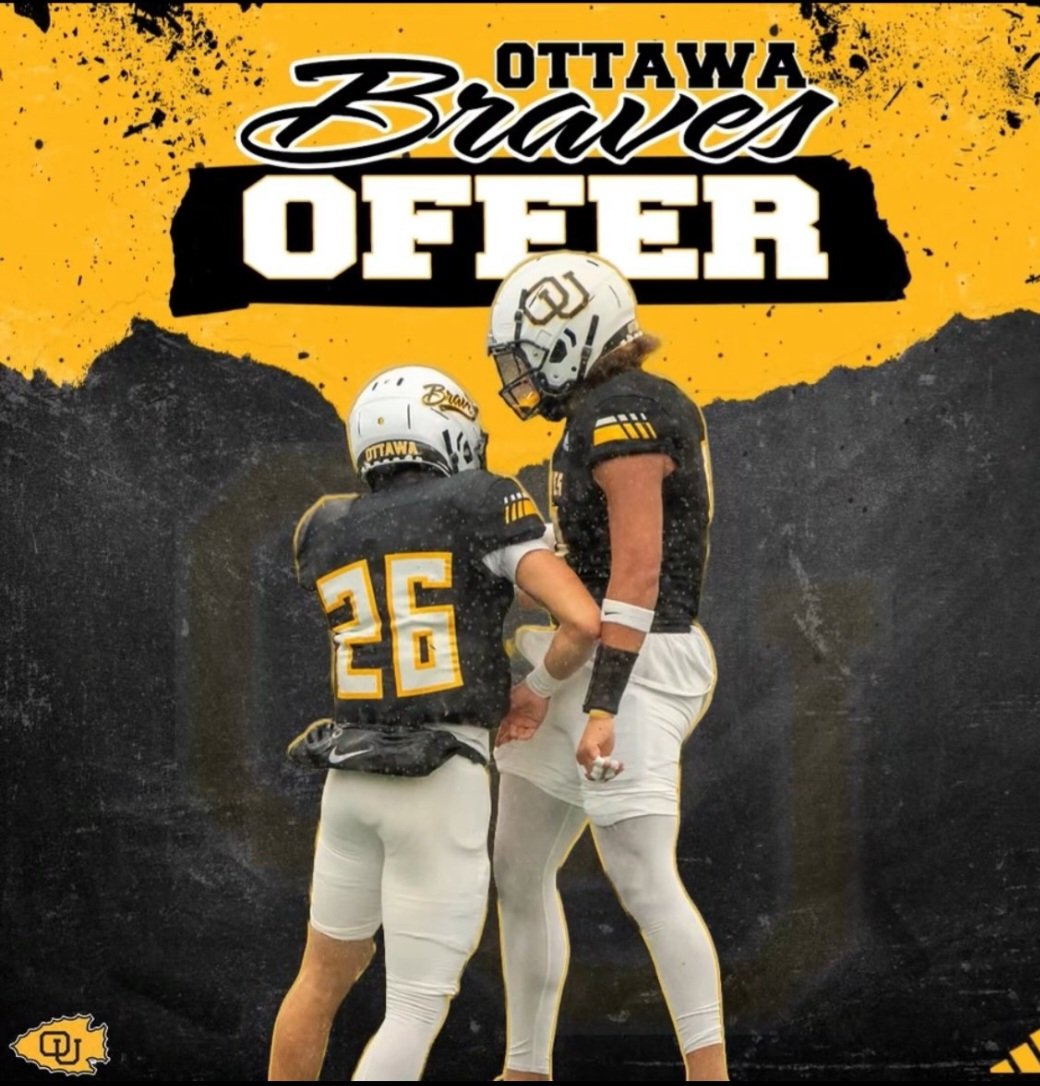 Xander1624's tweet image. AGTG..After a great visit and great camp, I'm excited to announce an offer to play at the next level with a great program for @OttawaBravesFB with thanks to @CoachNickDavis @CoachSCDub @ZacSheehan2