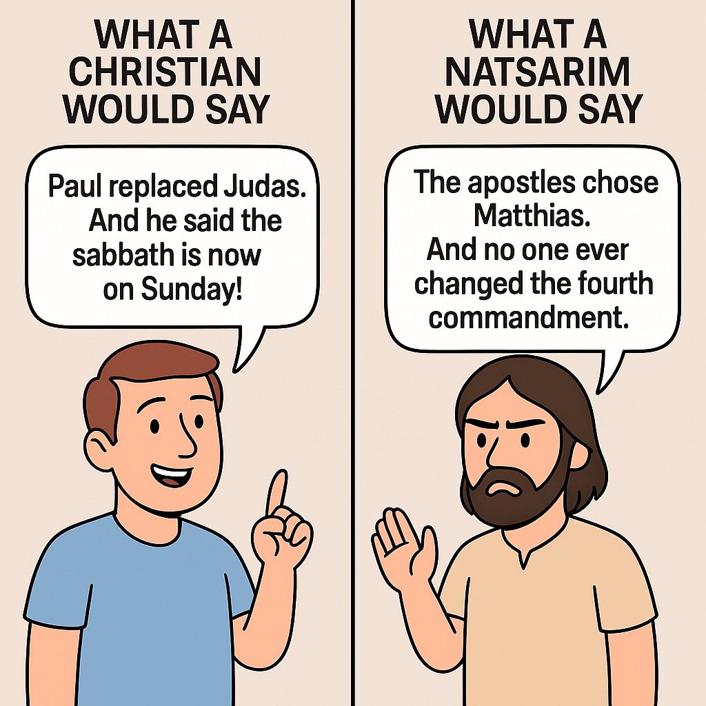 Okiemaday's tweet image. CHRISTIAN: “Paul replaced Judas and moved the Sabbath to Sunday!”
NATSARIM: “Bro, Paul wasn’t even in the upper room… and the fourth commandment wasn’t written in pencil.” 📝❌
You can’t change the covenant with a church bulletin and a potluck.