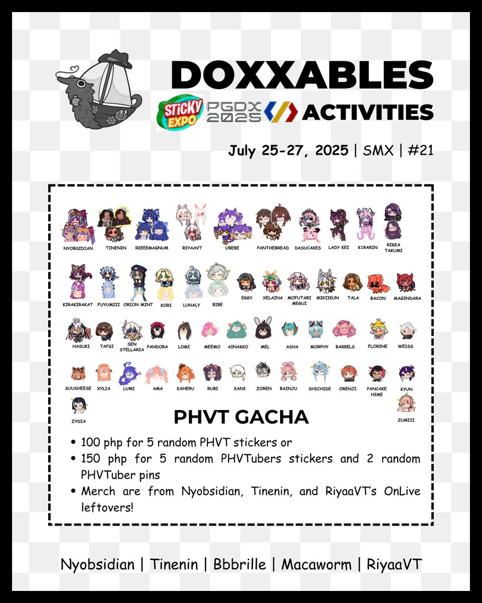 🎰 PHVT Gacha

Test your gacha luck with our PHVTuber gacha! We got 51 PHVTubers in our roster~

More info and event map in the replies~
📍Table 21
#PGDX2025 #StickyExpo (3/4)