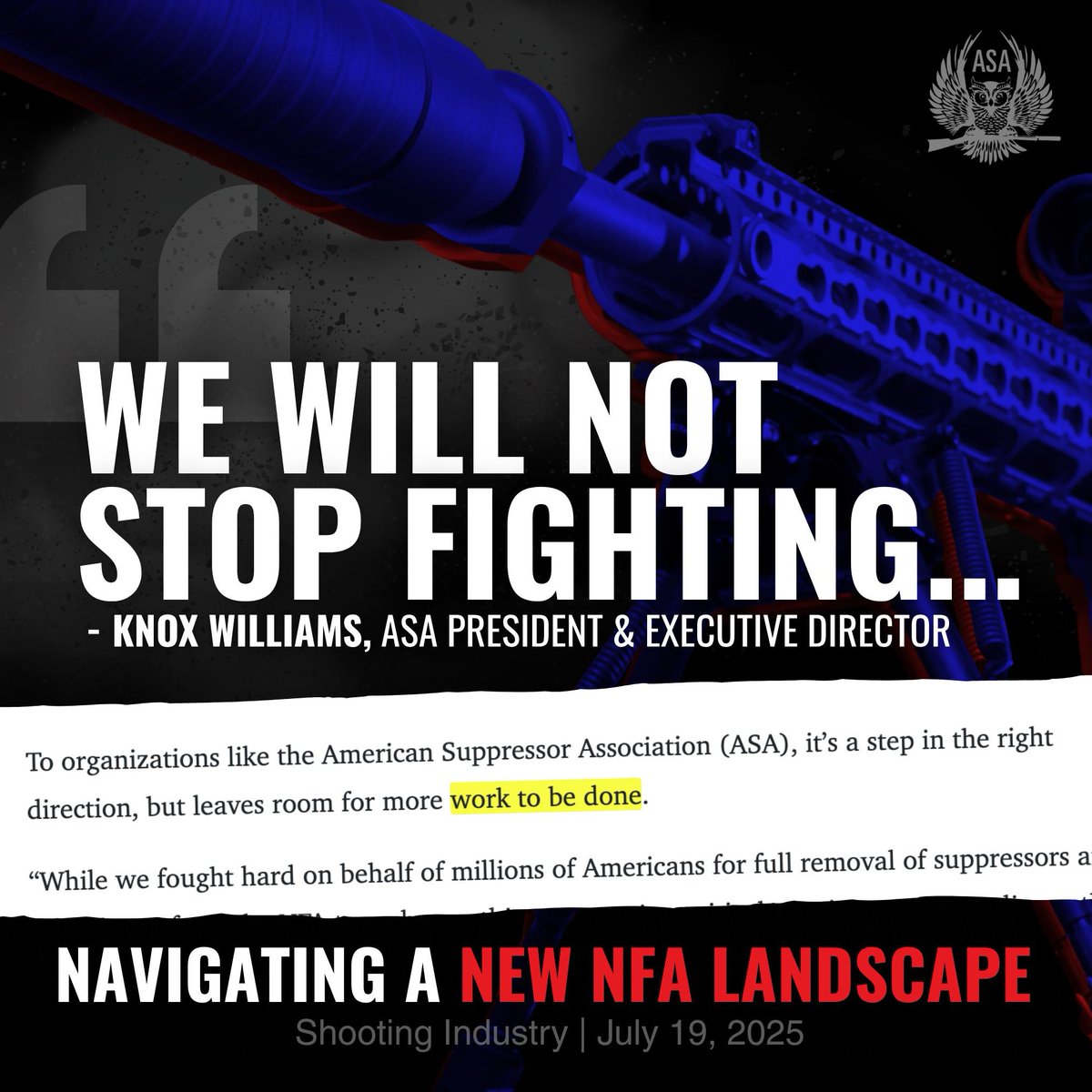 The elimination of the tyrannical NFA suppressor tax was a huge win for the 2A community — but we aren't finished yet.

“This outcome is a critical step in our plan to dismantle the NFA once and for all.” — Knox Williams, ASA President and Executive Director

👉