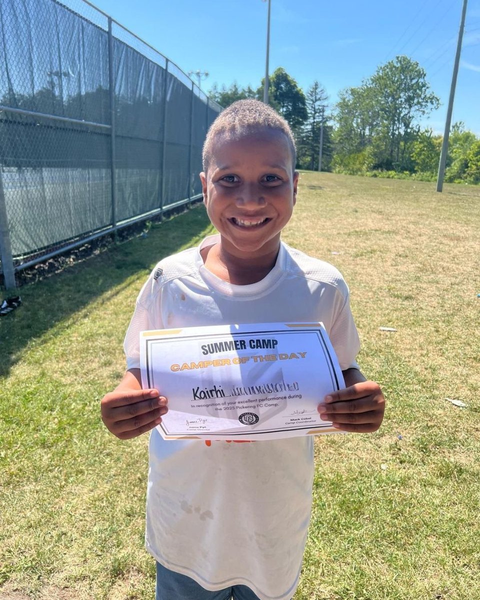 PickeringFC's tweet photo. 🌟 Camper of the Day Alert! 🌟
Shoutout to today’s Summer Camp superstars, our Camper of the Day achievers! These awesome campers went above and beyond, showing great spirit, teamwork, and energy all day long. We’re so proud of you!
#PFCProud #PFCSummerCamp #DestinationClub https://t.co/FzIixjc8BC