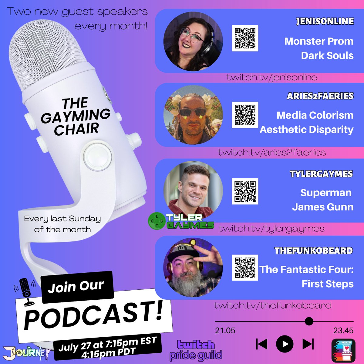 🎧 The Gayming Chair podcast returns July 27 at 4:15pm PDT!
New ep ft. @jenisonline @aries2faeries @thefunkobeard + @tylergaymes 🔥
Topics: Dark Souls, Superman, FF4, &amp; media colorism.
LIVE at twitch.tv/tylergaymes 💜
#TheGaymingChair #TwitchPodcast #LGBTQIABayroudemission