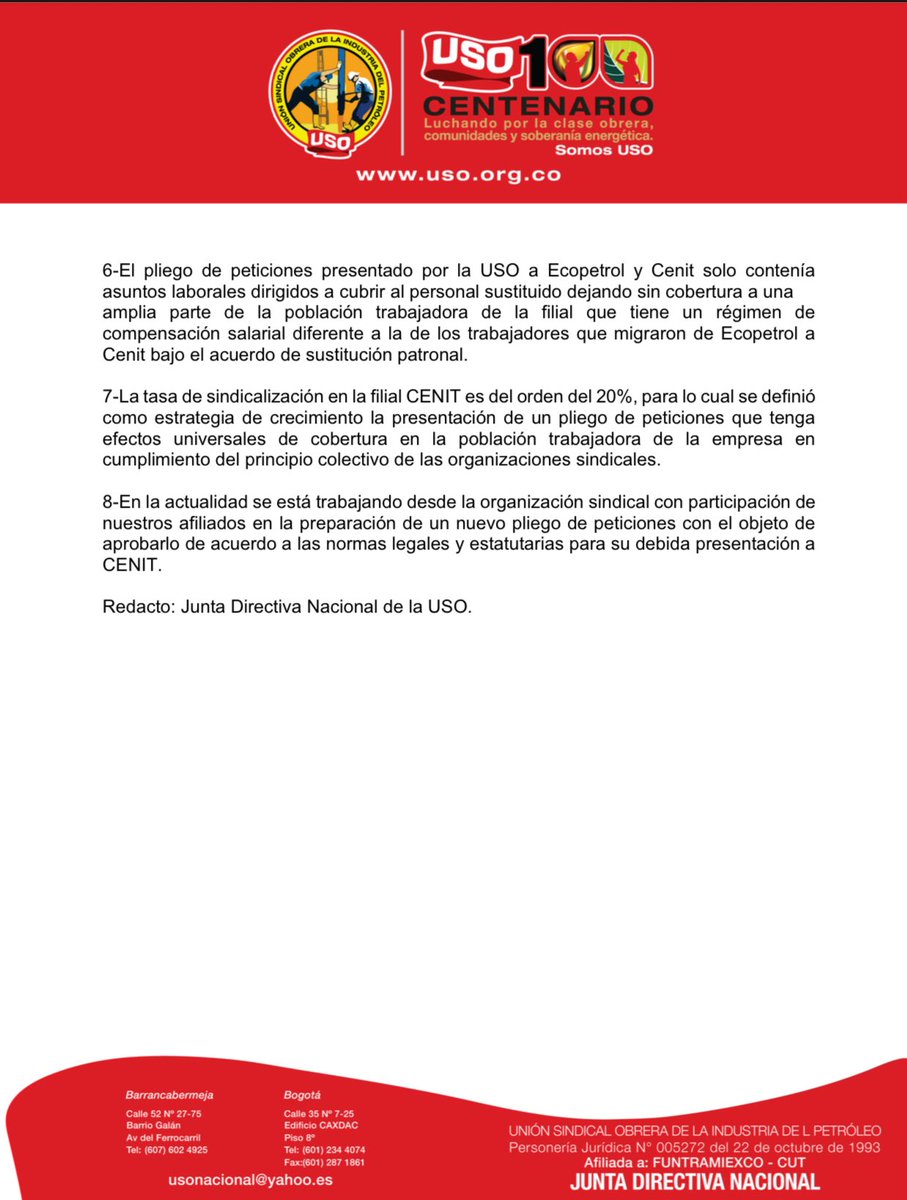 USO Colombia (@usofrenteobrero) on Twitter photo #FelizMiércoles desde la <a href="/usofrenteobrero/">USO Colombia</a> emitimos comunicado de aclaración pública sobre la notifica difundida por diferentes medios de comunicación que trataron sobre el acto jurídico de retiro de pliego de peticiones en la Filial del grupo <a href="/ECOPETROL_SA/">Ecopetrol</a> CENIT.
<a href="/BluRadioCo/">BluRadio Colombia</a> #FelizMiércoles desde la <a href="/usofrenteobrero/">USO Colombia</a> emitimos comunicado de aclaración pública sobre la notifica difundida por diferentes medios de comunicación que trataron sobre el acto jurídico de retiro de pliego de peticiones en la Filial del grupo <a href="/ECOPETROL_SA/">Ecopetrol</a> CENIT.
<a href="/BluRadioCo/">BluRadio Colombia</a>