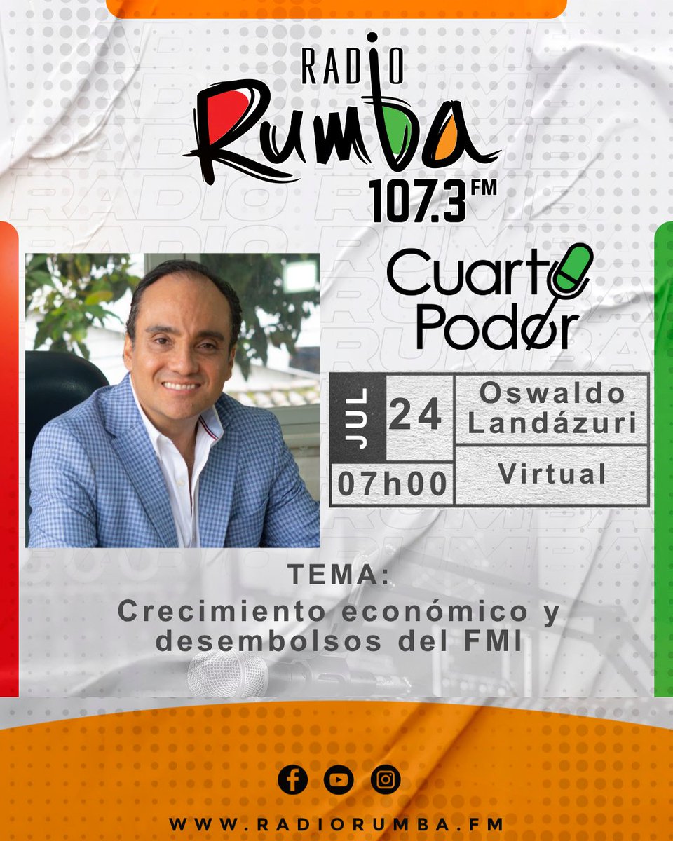 Radio Rumba 107.3 FM (@radiorumbaec) on Twitter photo 🔴 Mañana en #CUARTOPODER: Oswaldo Landázuri (<a href="/landazurio/">Oswaldo Landázuri</a>), Analista Económico, con el tema: "Crecimiento económico y desembolsos del FMI"
🕕 07h00 | 107.3 FM #RadioRumba
#Economia #FMI #CrecimientoEconomico #Ecuador #CuartoPoder 🔴 Mañana en #CUARTOPODER: Oswaldo Landázuri (<a href="/landazurio/">Oswaldo Landázuri</a>), Analista Económico, con el tema: "Crecimiento económico y desembolsos del FMI"
🕕 07h00 | 107.3 FM #RadioRumba
#Economia #FMI #CrecimientoEconomico #Ecuador #CuartoPoder