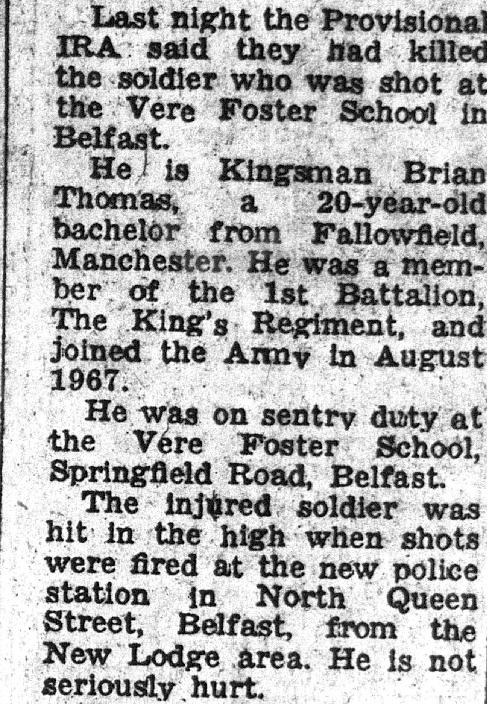 OnThisDayPIRA's tweet image. #OnThisDay in 1972 the IRA murdered Brian Thomas, 20. Soldier shot on sentry duty descending steps at Vere Foster school, West Belfast, 10:30 am. This observation post was regularly fired on. Kingsman Thomas was popular and described as “a small man with a big personality.” #OTD