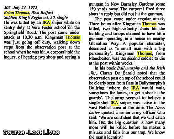 OnThisDayPIRA's tweet image. #OnThisDay in 1972 the IRA murdered Brian Thomas, 20. Soldier shot on sentry duty descending steps at Vere Foster school, West Belfast, 10:30 am. This observation post was regularly fired on. Kingsman Thomas was popular and described as “a small man with a big personality.” #OTD