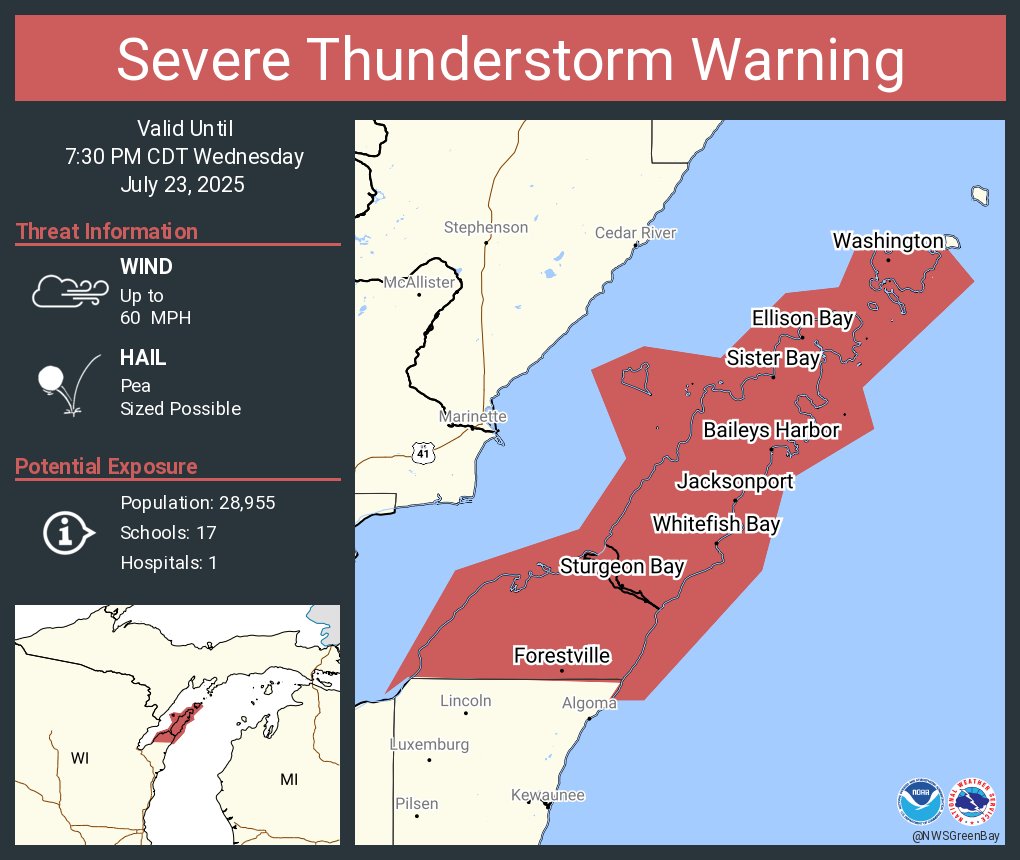 NWSGreenBay's tweet image. Severe Thunderstorm Warning including Sturgeon Bay WI, Sister Bay WI and  Forestville WI until 7:30 PM CDT