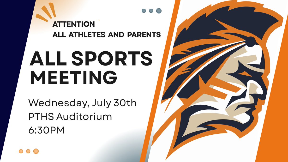 📣 Calling all PTHS Athletes &amp; Parents! 🏅

Mark your calendars for the ALL SPORTS MEETING happening on Wednesday, July 30th at 6:30PM in the PTHS Auditorium. 

Get the latest updates, important info, and everything you need to kick off the season strong! 💪

We’ll see you there!