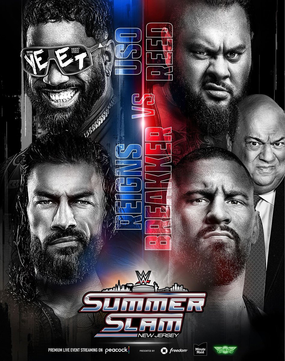 WWE's tweet photo. The team of @WWERomanReigns &amp; Jey @WWEUsos will battle @bronbreakkerwwe &amp; @BRONSONISHERE at #SummerSlam! @HeymanHustle 

📍 @MetLifeStadium
🎟️ https://t.co/iId7KdD7oZ https://t.co/4c9cHhvVlN