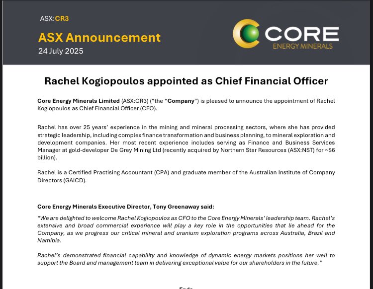 cjtj575's tweet photo. $CR3.ax #CR3
Looks like @CR3minerals is getting set
Very good appointment just announced this morning …
Welcome to our new CFO
$CR3 looks like it is gearing up 🙏🙏🙏
#getsetearly https://t.co/cjKfZPklj3