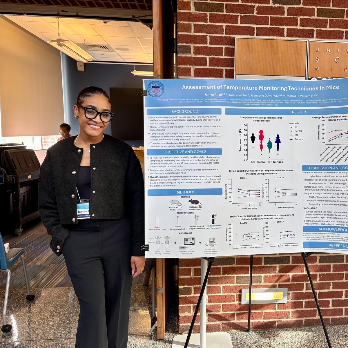 UNC_PHCO's tweet image. 🌡️ Impressive research poster! This summer, Carolina Summer Fellow Janiya Allen presented her work in Dr. Morika Williams’ lab @MorikaWilliams aiming to improve how mouse body temperature is measured to help make research more accurate! #CarolinaSummer
