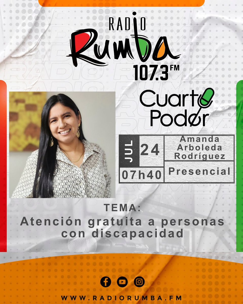 Radio Rumba 107.3 FM (@radiorumbaec) on Twitter photo 🔴 Mañana en #CUARTOPODER: Ab. Amanda Arboleda (<a href="/AmandaArbo4948/">Amanda Arboleda</a>), Directora de @DisAlcaldiagye de la <a href="/alcaldiagye/">Muy Ilustre Municipalidad de Guayaquil</a>, con el tema: "Atención gratuita a personas con discapacidad"
🕕 07h40 | 107.3 FM #RadioRumba
#InclusionSocial #Discapacidad #MunicipioGuayaquil #Ecuador 🔴 Mañana en #CUARTOPODER: Ab. Amanda Arboleda (<a href="/AmandaArbo4948/">Amanda Arboleda</a>), Directora de @DisAlcaldiagye de la <a href="/alcaldiagye/">Muy Ilustre Municipalidad de Guayaquil</a>, con el tema: "Atención gratuita a personas con discapacidad"
🕕 07h40 | 107.3 FM #RadioRumba
#InclusionSocial #Discapacidad #MunicipioGuayaquil #Ecuador
