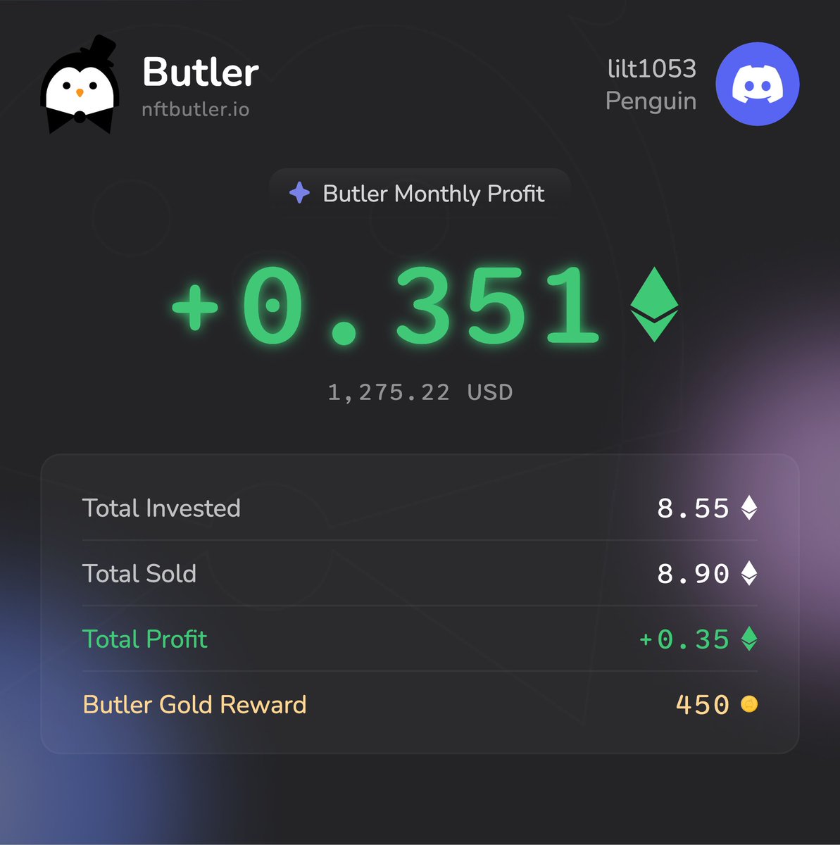 redgod (@lil_lilts) on Twitter photo 0.351 Ξ in profit made in the last 24 days using <a href="/nftbutler/">NFT Butler</a> 💰📈
Sharing on X to grab my extra 450 Butler Gold 🟠
Bidding’s a breeze with NFT Butler in my arsenal! 🐧
#NFT #NFTCommunity #NFTButler
nftbutler.io 0.351 Ξ in profit made in the last 24 days using <a href="/nftbutler/">NFT Butler</a> 💰📈
Sharing on X to grab my extra 450 Butler Gold 🟠
Bidding’s a breeze with NFT Butler in my arsenal! 🐧
#NFT #NFTCommunity #NFTButler
nftbutler.io