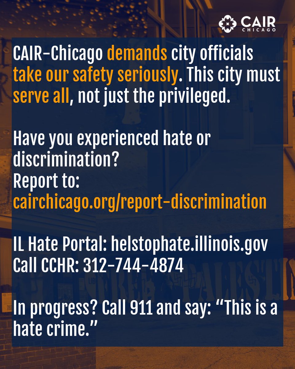 CAIR-Chicago demands justice for hate crimes targeting Palestinians &amp; Latinos in Chicago. During this spree Zionists have burned a solidarity mural; &amp; white supremacists spray-painted swastikas &amp; pro-ICE slogans in Little Village.

Full statement here: cairchicago.org/blog/press-sta…