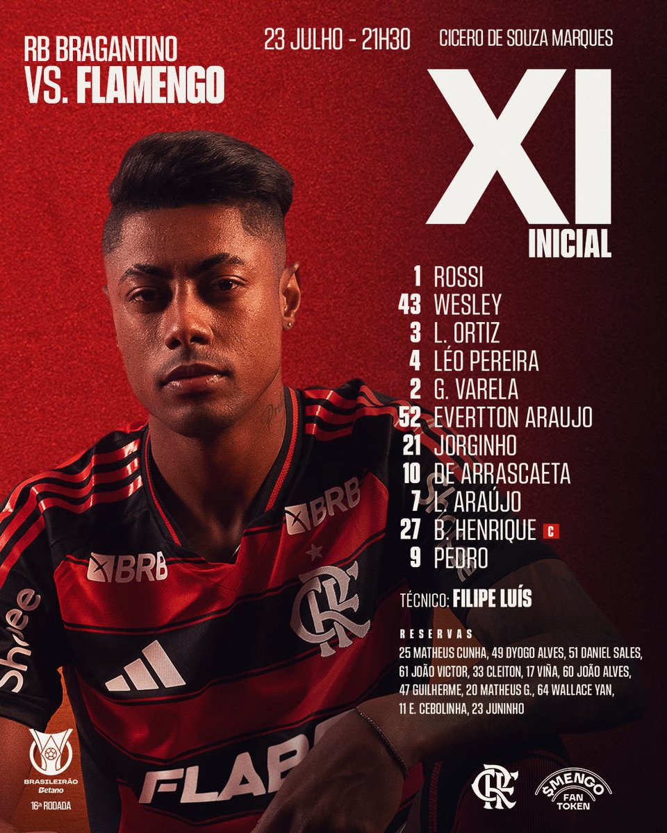 Flamengo's tweet image. NOSSO TIME É A GENTE EM CAMPO! Confira a escalação do Mengão para enfrentar o RB Bragantino, pelo @brasileirao!
#RBBxFLA #StartingXI
