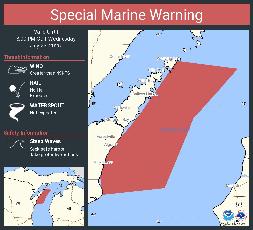 NWSGreenBay's tweet image. Special Marine Warning including the Lake Michigan from Sturgeon Bay to Two Rivers WI 5NM offshore to Mid Lake, Lake Michigan from Rock Island Passage to Sturgeon Bay WI 5NM offshore to mid lake and Rock Island Passage to Sturgeon Bay WI until 8:00 PM CDT