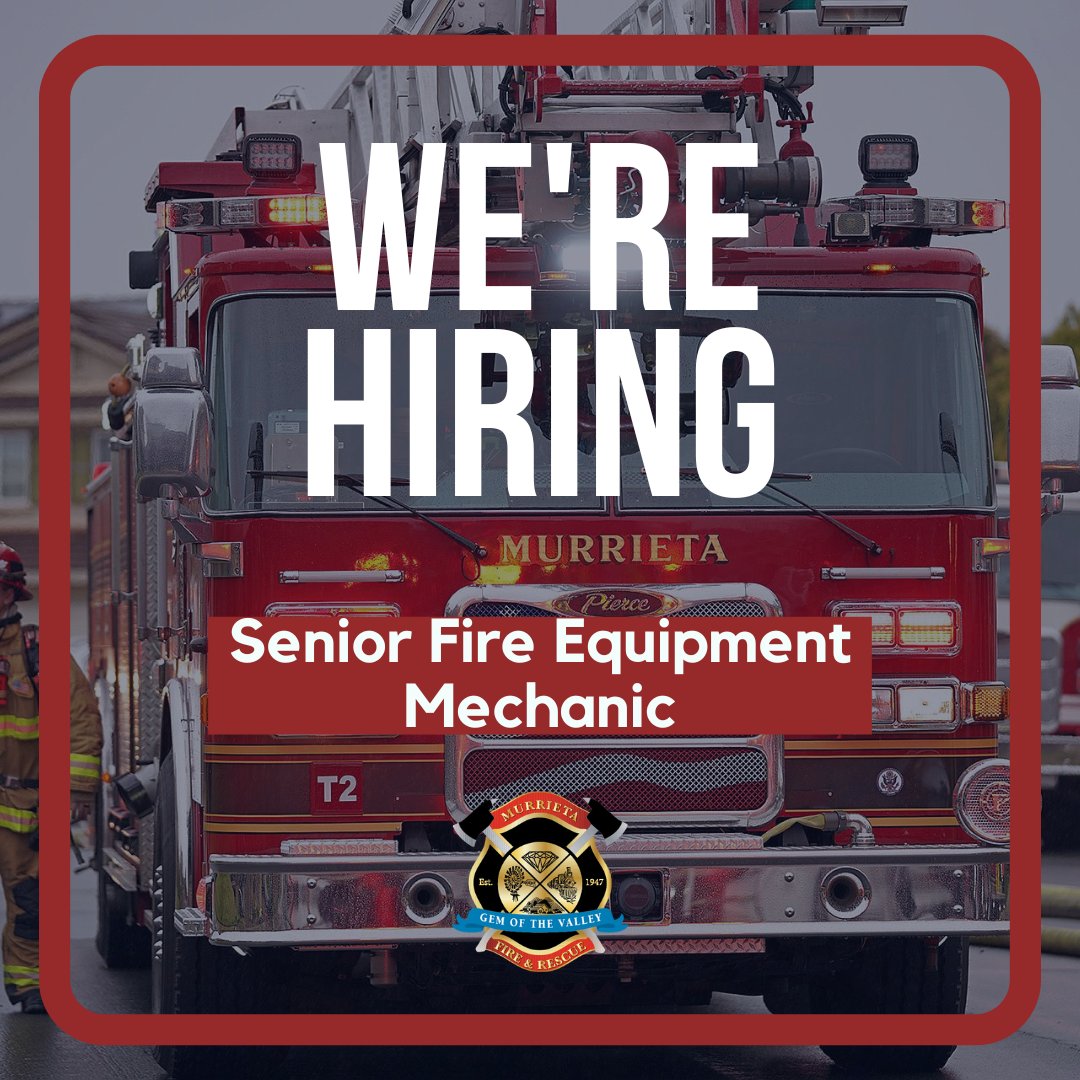 Murrieta Fire &amp; Rescue is looking for a 𝐒𝐞𝐧𝐢𝐨𝐫 𝐅𝐢𝐫𝐞 𝐄𝐪𝐮𝐢𝐩𝐦𝐞𝐧𝐭 𝐌𝐞𝐜𝐡𝐚𝐧𝐢𝐜 to join our team!

Click the link and apply today!
bit.ly/4oiCeyK