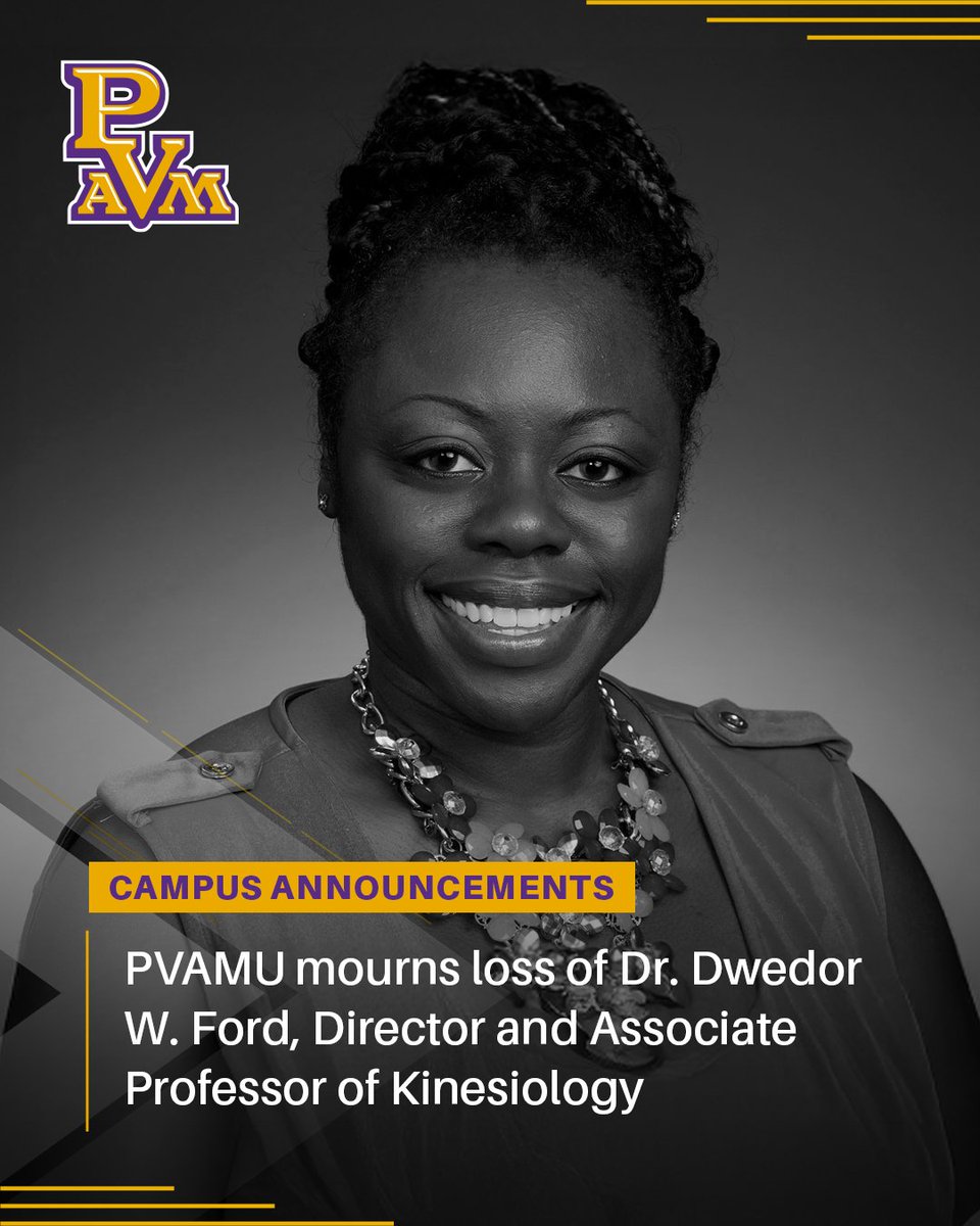 PVAMU's tweet image. The Prairie View A&M University community mourns the loss of Dr. Dwedor Weslyne Ford, a respected educator, leader, and mentor who served as director and associate professor of kinesiology in the School of Public and Allied Health.
Learn More: bit.ly/4o5dUA9