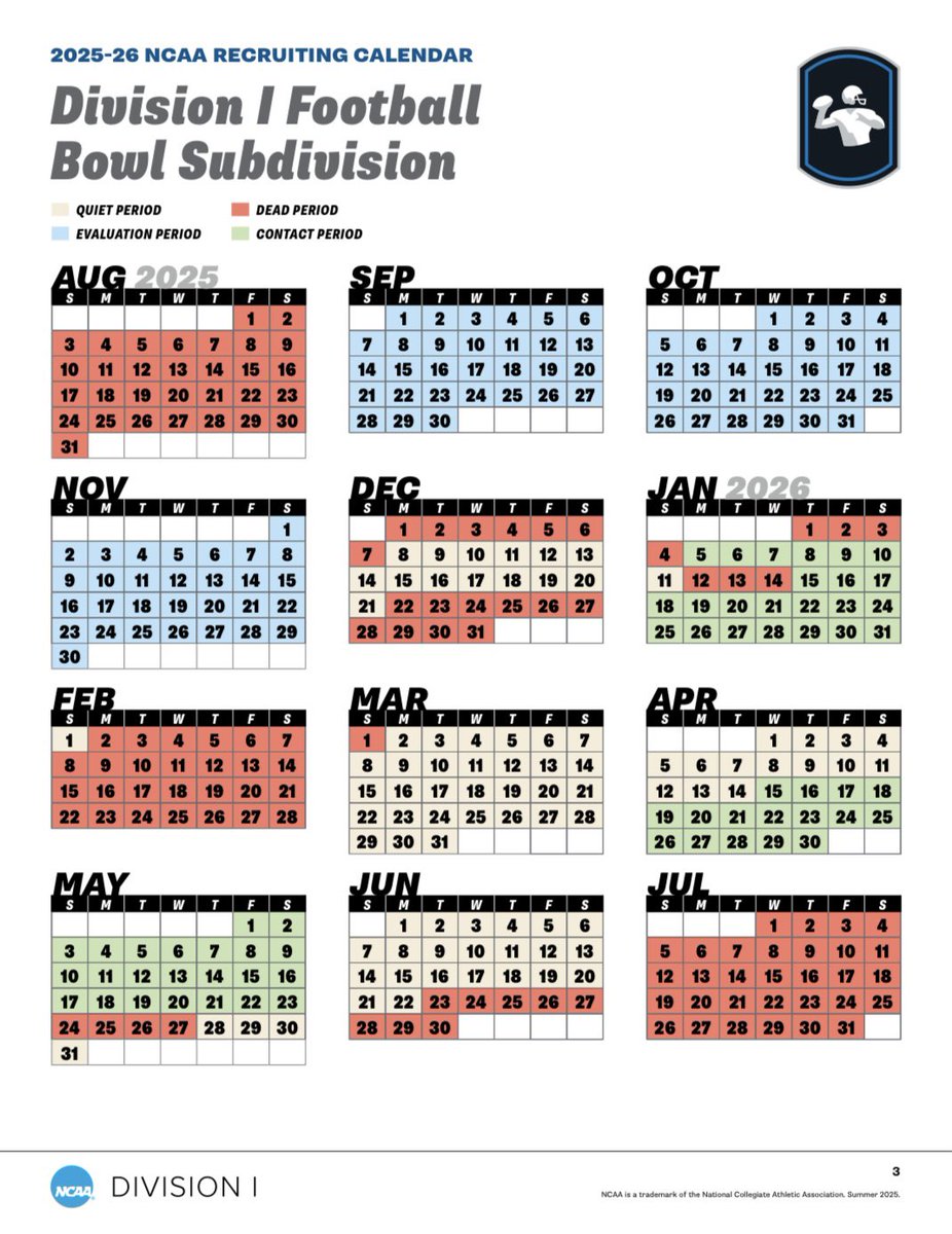 JR_Sandlin's tweet image. RECRUITs: Here are the updated 2025-2026 recruiting calendars for Division 1 football (FBS & FCS). Outside the dead periods, you can visit campuses. Coaches will be on the road during evaluation and contact periods to see you.
#Recruiting101