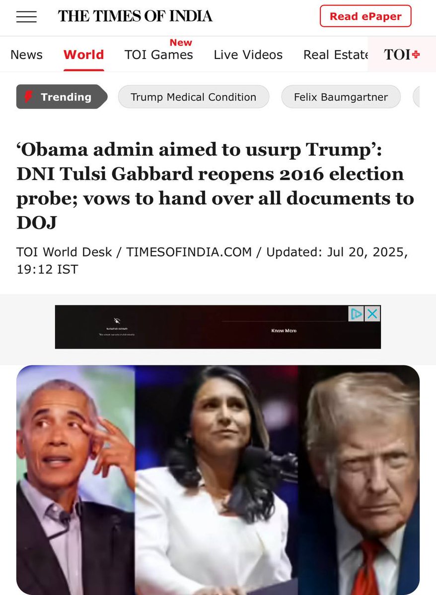 خبر فوری:
تولسی گبرد (Tulsi Gabbard)، مدیر اطلاعات ملی آمریکا، باراک اوباما، رئیس‌جمهور پیشین ایالات متحده را رسماً برای پیگرد کیفری به وزارت دادگستری (DOJ) معرفی کرده است.