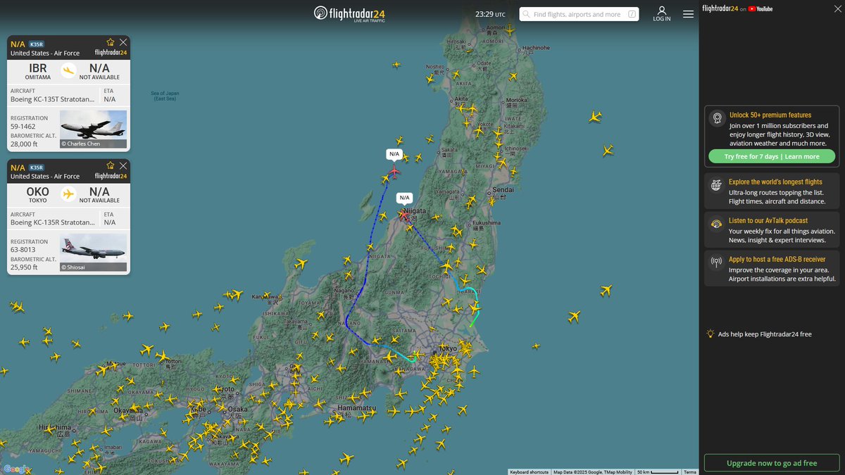 AIYeyENGDdJkjTr's tweet photo. July 24, 2025
#Tokyo Yokota Air Base #Sea of Japan
#NoCALLSIGN #AE0368 USAF KC-135R Stratotanker
#JASDF Hyakuri Air Base #Sea of Japan
#NoCALLSIGN #AE0658 USAF KC-135T Stratotanker https://t.co/vF34DGLBrX
