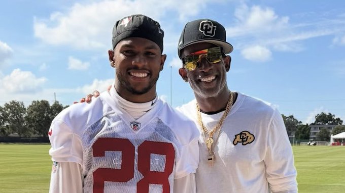 🇺🇸🏈👨‍👦 NFL legend Deion “Coach Prime” Sanders made a surprise visit to Buccaneers training camp to cheer on his son, Shilo Sanders, who’s fighting for a roster spot as an undrafted rookie safety. Deion chatted with Bucs head coach Todd Bowles &amp; watched from the sidelines as Shilo