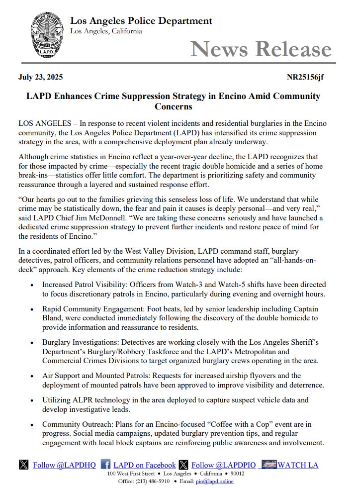 LAPDPIO's tweet image. LAPD News: LAPD Enhances Crime Suppression Strategy in Encino Amid Community Concerns