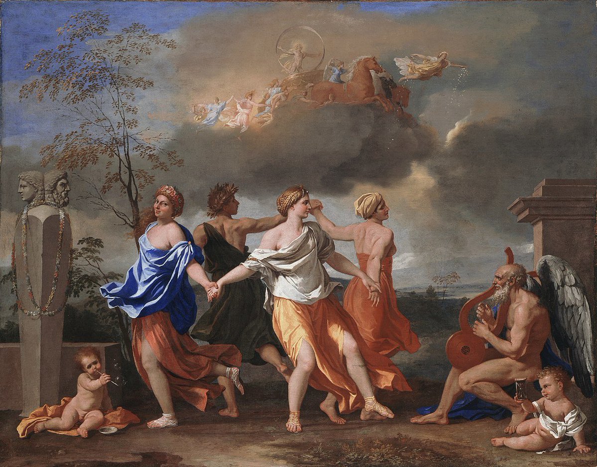 NathanCJHood's tweet image. Poussin, 'The dance to the music of time' (1640)
I return to this painting every so often. A variation on the medieval Wheel of Fortune, blending the seasons with the duality of time as Poverty, Labour, Riches, and Luxury dance in front of Apollo rides across the sky. Its…