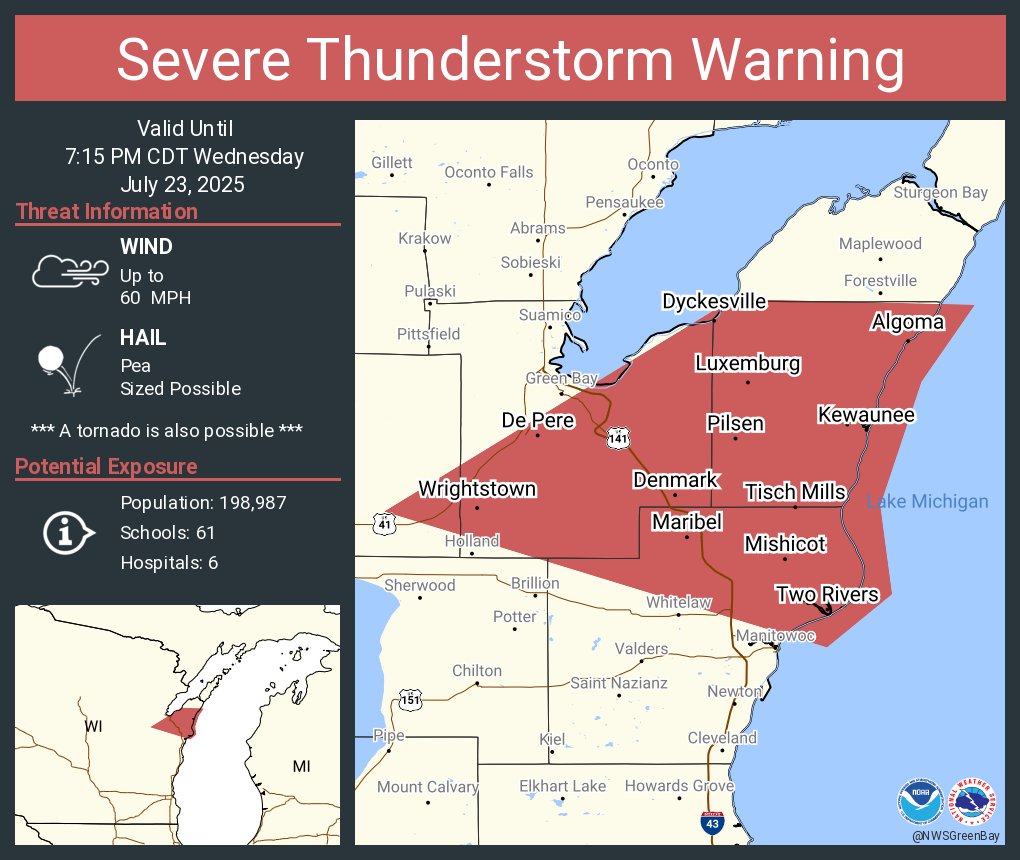 NWSGreenBay's tweet image. Severe Thunderstorm Warning including De Pere WI, Bellevue WI and  Allouez WI until 7:15 PM CDT
