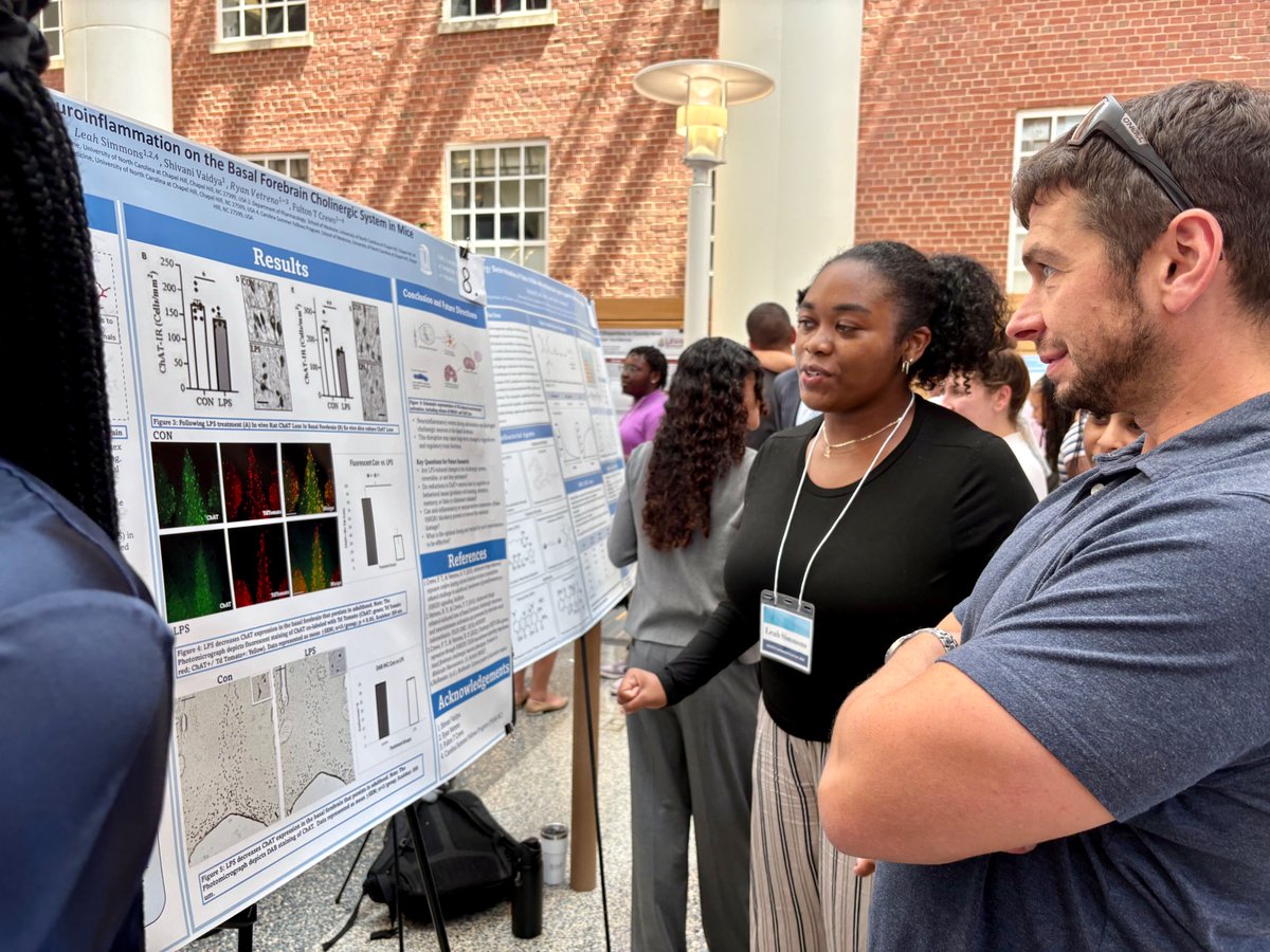 UNC_PHCO's tweet image. ✨ This summer, Carolina Summer Fellow Leah Simmons took on brain research in Dr. Fulton Crews’ lab, discovering how inflammation impacts key brain cells tied to learning and memory. Can’t wait to share her findings! 🧠#CarolinaSummer