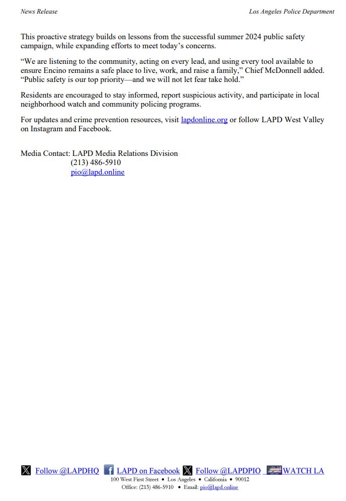 LAPDPIO's tweet image. LAPD News: LAPD Enhances Crime Suppression Strategy in Encino Amid Community Concerns