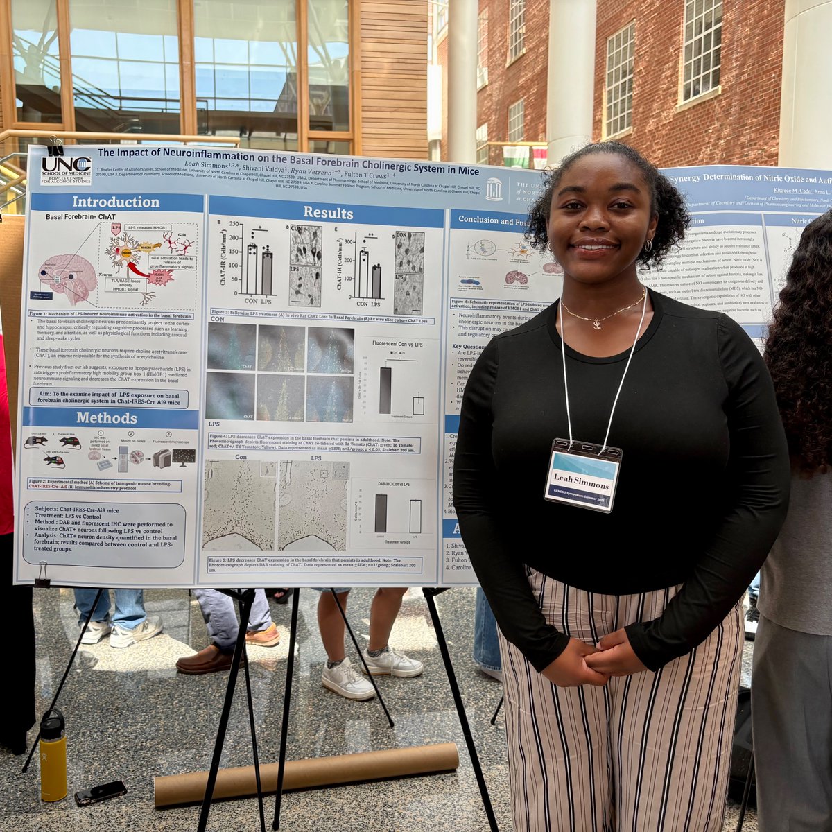 UNC_PHCO's tweet image. ✨ This summer, Carolina Summer Fellow Leah Simmons took on brain research in Dr. Fulton Crews’ lab, discovering how inflammation impacts key brain cells tied to learning and memory. Can’t wait to share her findings! 🧠#CarolinaSummer