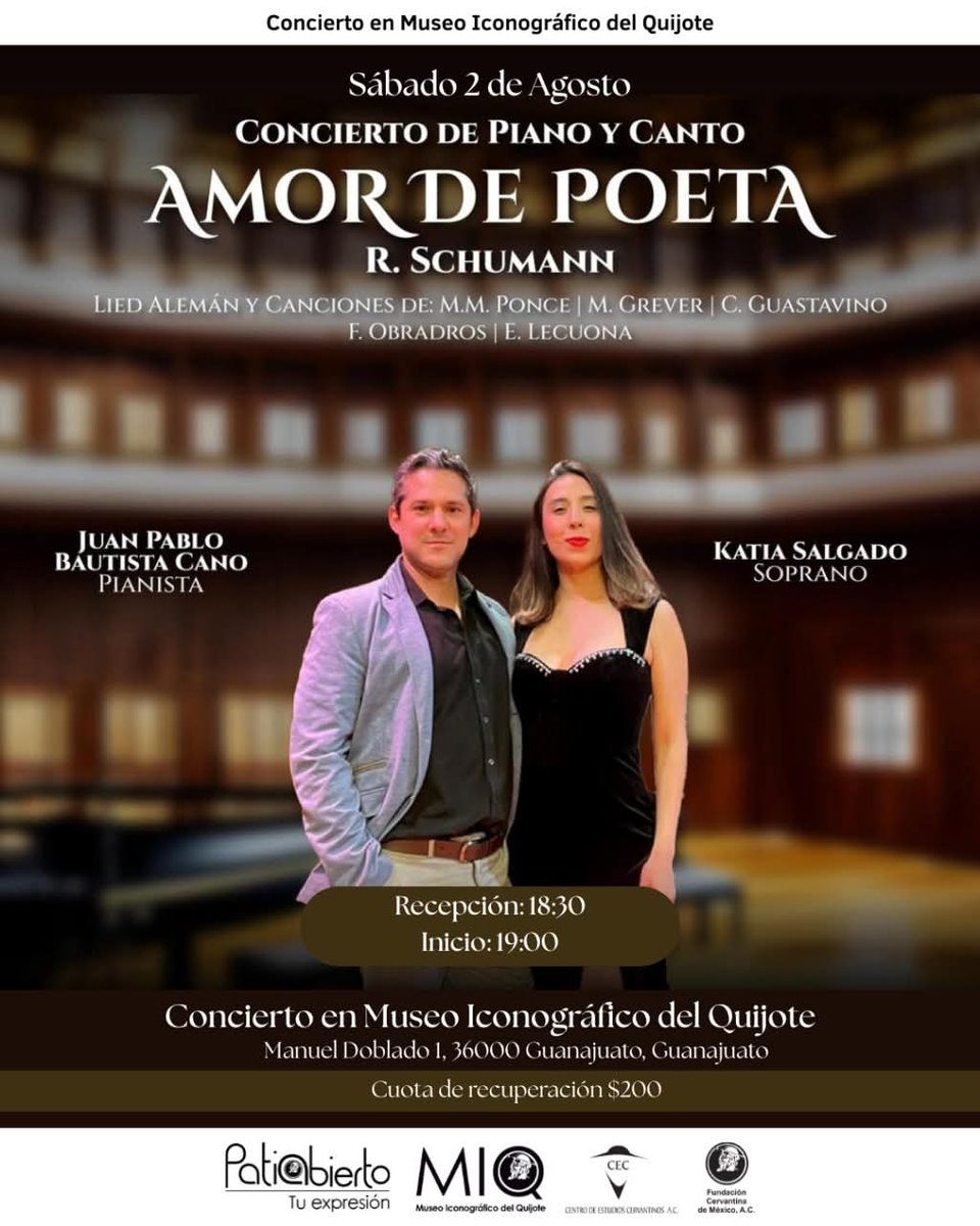 Página Zero (@paginazeromx) on Twitter photo Concierto de piano y soprano por el ensamble “Pace non trovo”, Katia Orquídea Salgado y Juan Pablo Bautista.
Obras de la cultura popular alemana, española, cubana, argentina y mexicana, y de autores rusos, finlandés, húngaro y polaco.
Sábado 2 agosto 2025 | 19 hrs | <a href="/MIQ_QUIJOTE/">Museo Iconográfico del Quijote</a> Concierto de piano y soprano por el ensamble “Pace non trovo”, Katia Orquídea Salgado y Juan Pablo Bautista.
Obras de la cultura popular alemana, española, cubana, argentina y mexicana, y de autores rusos, finlandés, húngaro y polaco.
Sábado 2 agosto 2025 | 19 hrs | <a href="/MIQ_QUIJOTE/">Museo Iconográfico del Quijote</a>