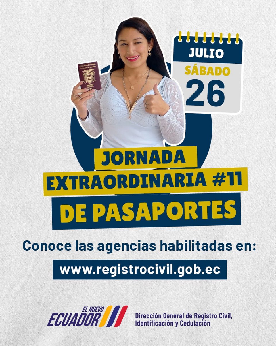 El Registro Civil realizará jornada extraordinaria de pasaportes este sábado 26 de julio, en 25 agencias del país revistazonalibre.ec/2025/07/23/el-…