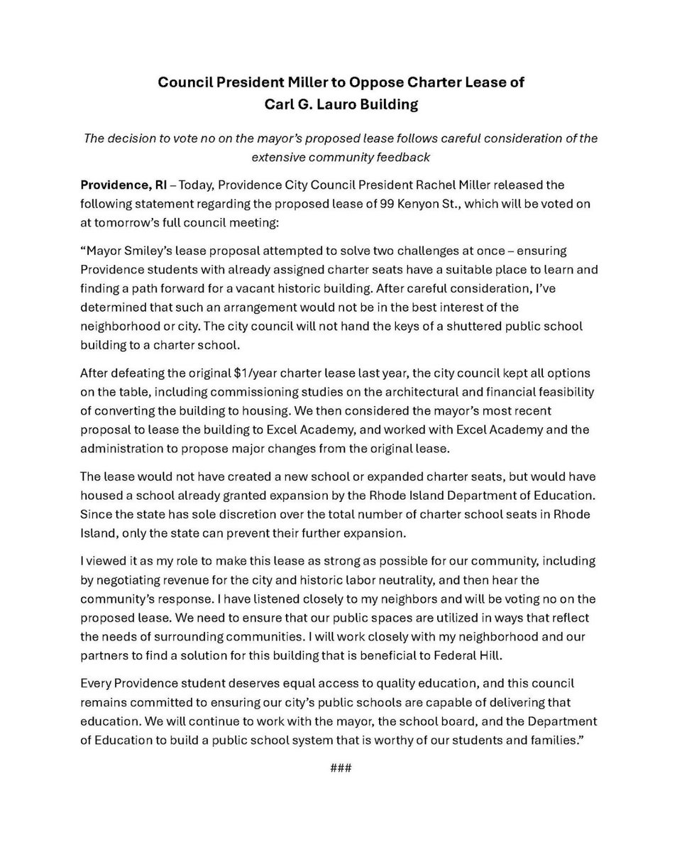 Shoutout to Council President Rachel Miller for listening to the community and voting against leasing the Carl G. Lauro building to a big box charter school network. Our traditional public schools deserve support, not handoffs. #WeWillRemember