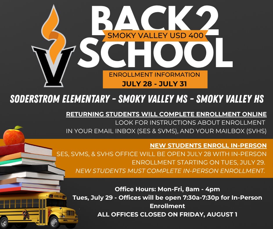 SV Parents: Be on the lookout in your Inboxes &amp; Mailboxes for information about enrollment next week! New students will need to enroll In-Person at the school office. Offices will stay open late on Tues, July 29. Have questions? Give us a call at 785-227-4254! #SVStrong